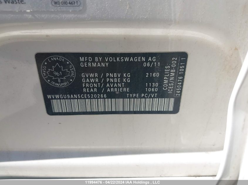 2012 Volkswagen Cc Vr6 4Motion VIN: WVWGU9AN5CE520266 Lot: 11994476