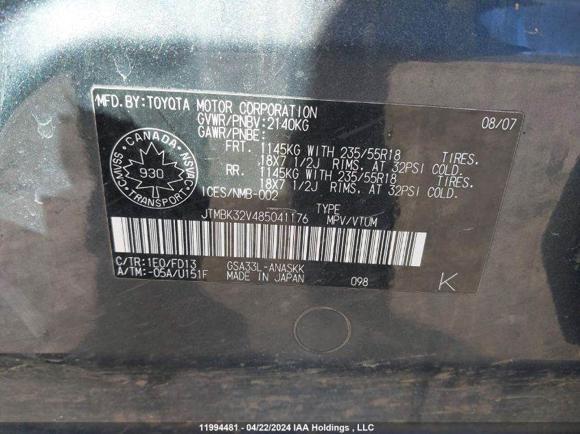 2008 Toyota Rav4 Sport VIN: JTMBK32V485041176 Lot: 11994481