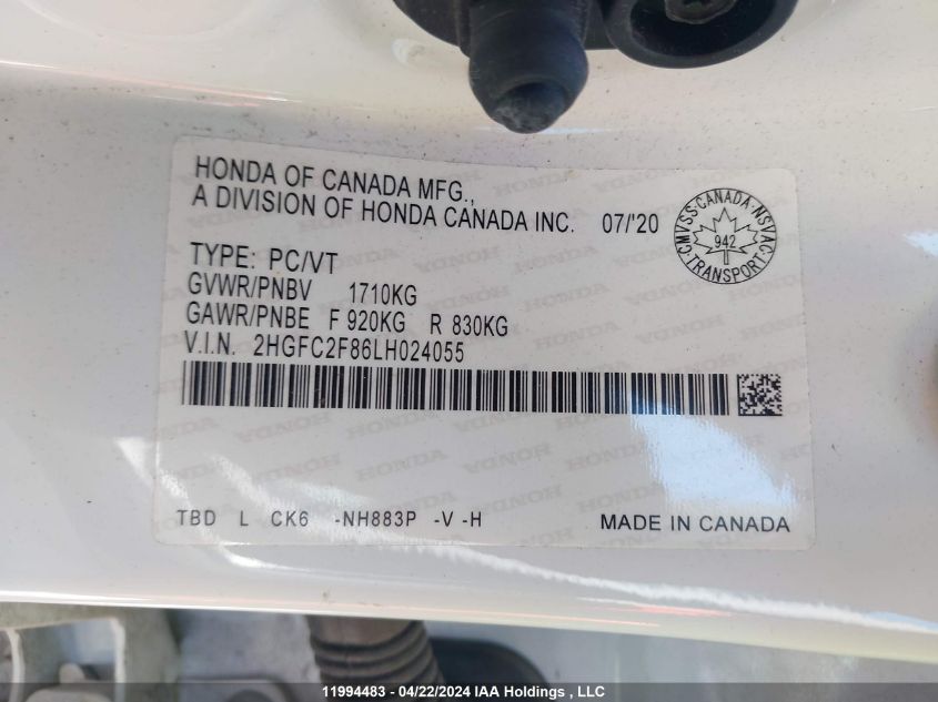 2020 Honda Civic Sport VIN: 2HGFC2F86LH024055 Lot: 11994483