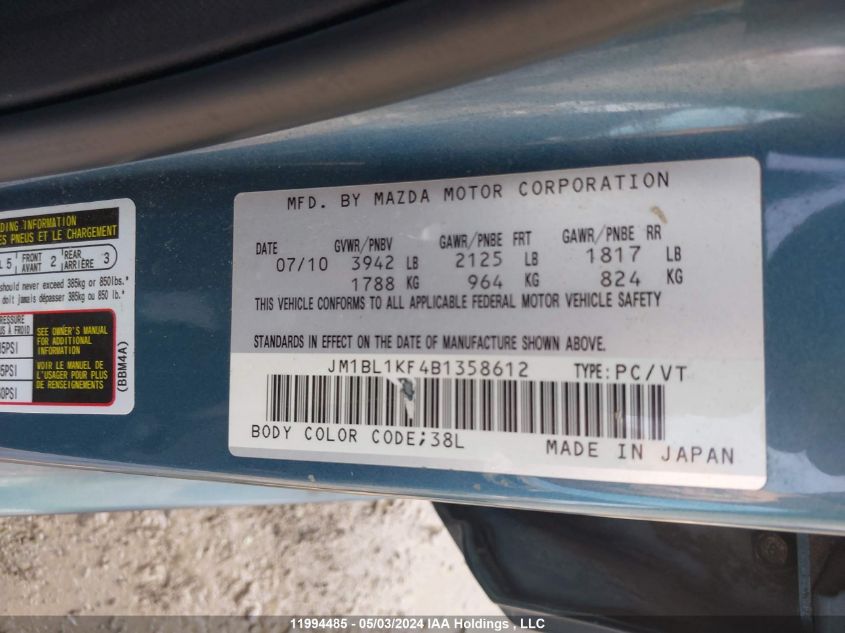 2011 Mazda Mazda3 VIN: JM1BL1KF4B1358612 Lot: 11994485