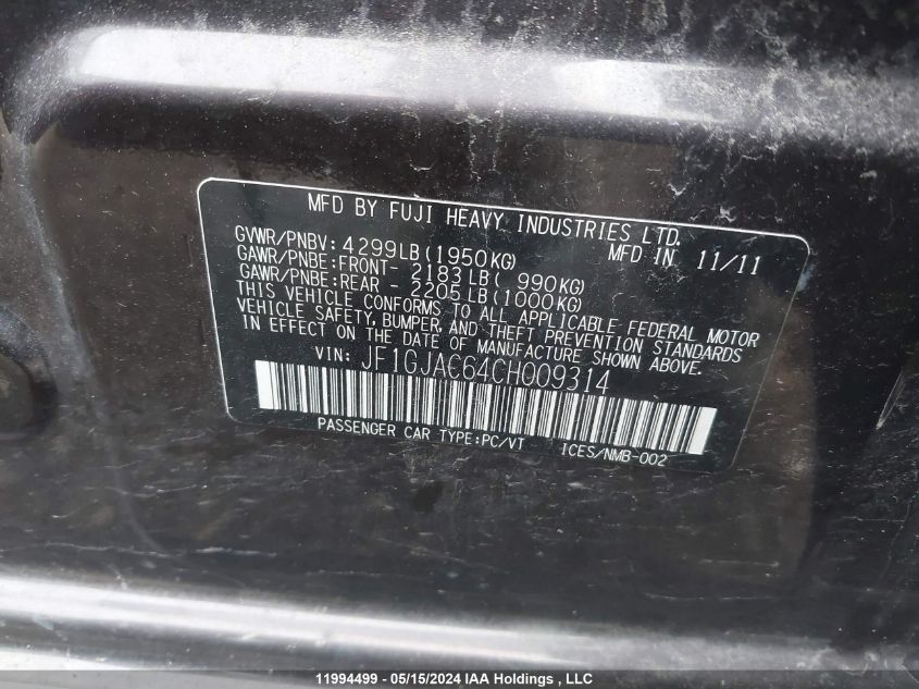 2012 Subaru Impreza VIN: JF1GJAC64CH009314 Lot: 11994499