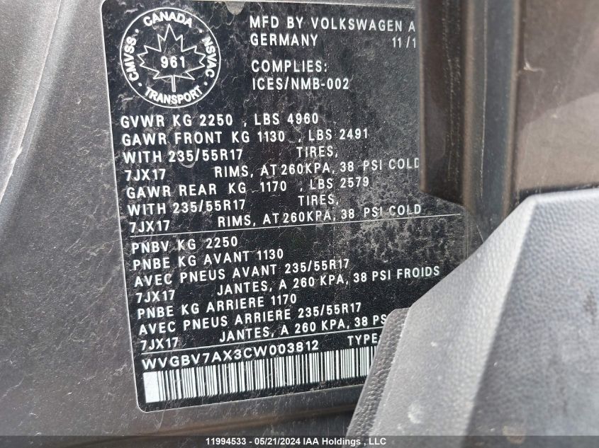 2012 Volkswagen Tiguan VIN: WVGBV7AX3CW003812 Lot: 11994533
