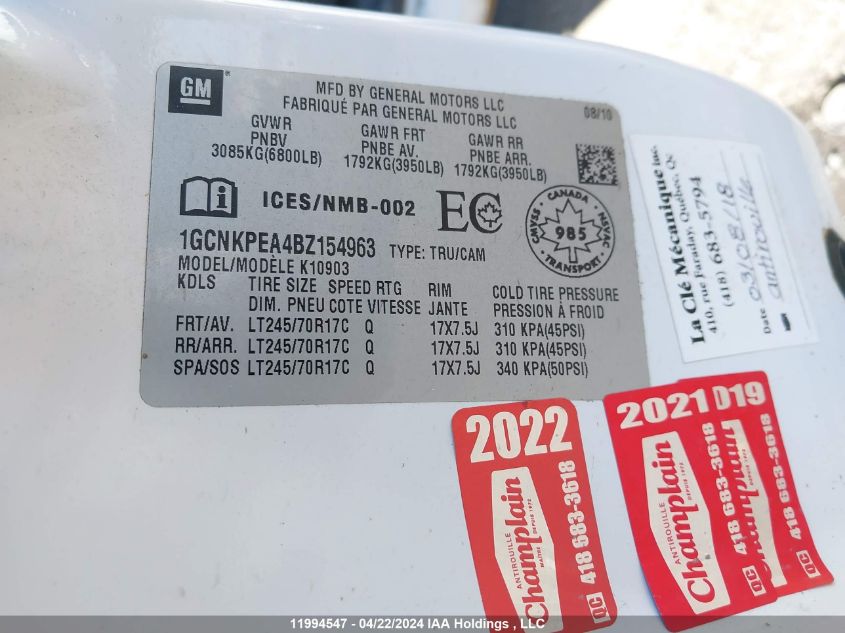2011 Chevrolet Silverado K1500 VIN: 1GCNKPEA4BZ154963 Lot: 11994547