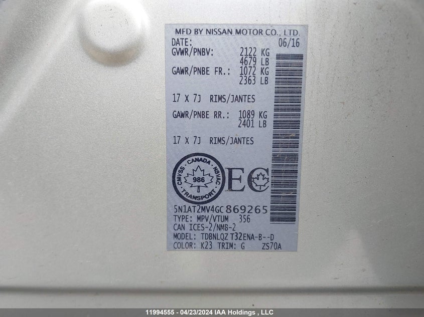 2016 Nissan Rogue VIN: 5N1AT2MV4GC869265 Lot: 11994555