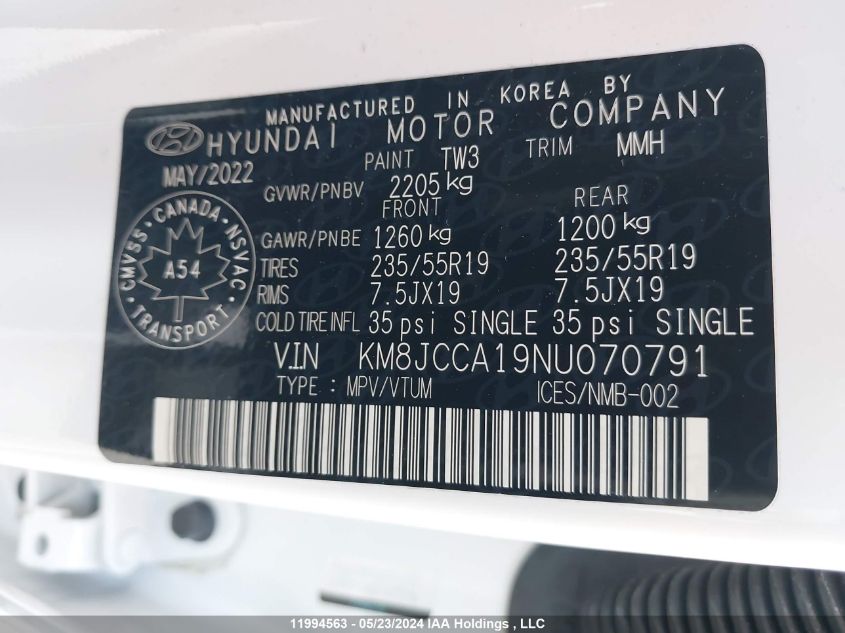 2022 Hyundai Tucson Ultimate Hybrid Awd VIN: KM8JCCA19NU070791 Lot: 11994563