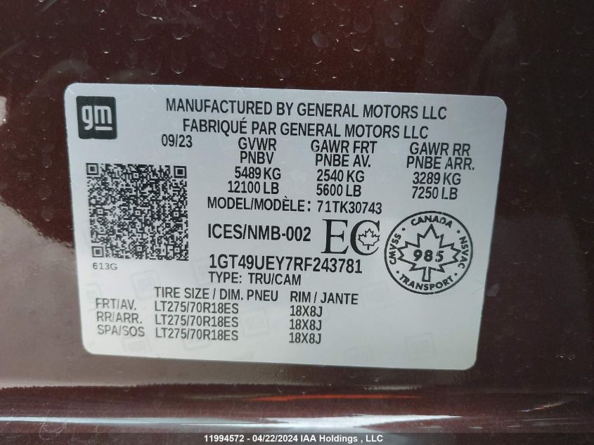 2024 GMC Sierra K3500 Slt VIN: 1GT49UEY7RF243781 Lot: 11994572