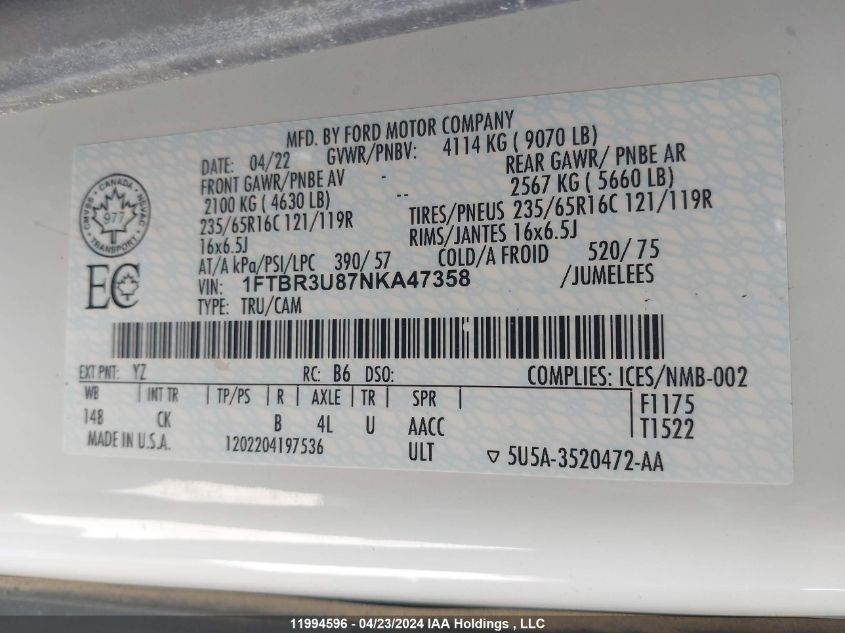 2022 Ford Transit T-250 VIN: 1FTBR3U87NKA47358 Lot: 11994596