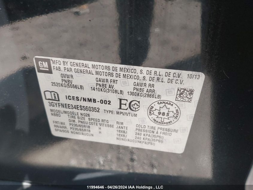 2014 Cadillac Srx VIN: 3GYFNEE34ES560352 Lot: 11994646