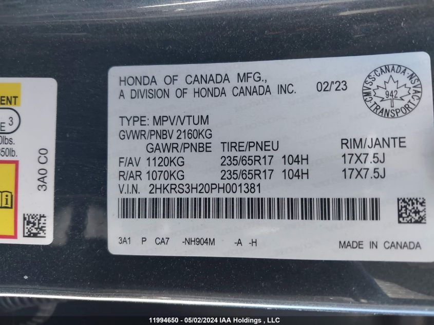 2023 Honda Cr-V Lx VIN: 2HKRS3H20PH001381 Lot: 11994650