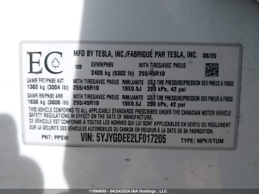 2020 Tesla Model Y VIN: 5YJYGDEE2LF017205 Lot: 11994655