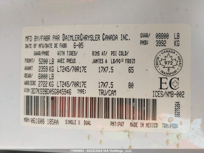 2005 Dodge Ram 2500 St VIN: 3D7KS28D05G845946 Lot: 11994663