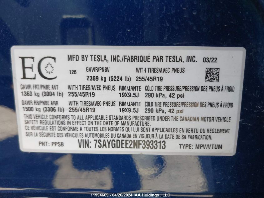 2022 Tesla Model Y VIN: 7SAYGDEE2NF393313 Lot: 11994669