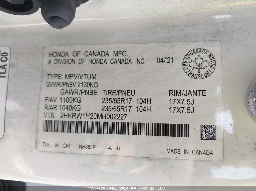 2021 Honda Cr-V VIN: 2HKRW1H20MH002227 Lot: 11994728