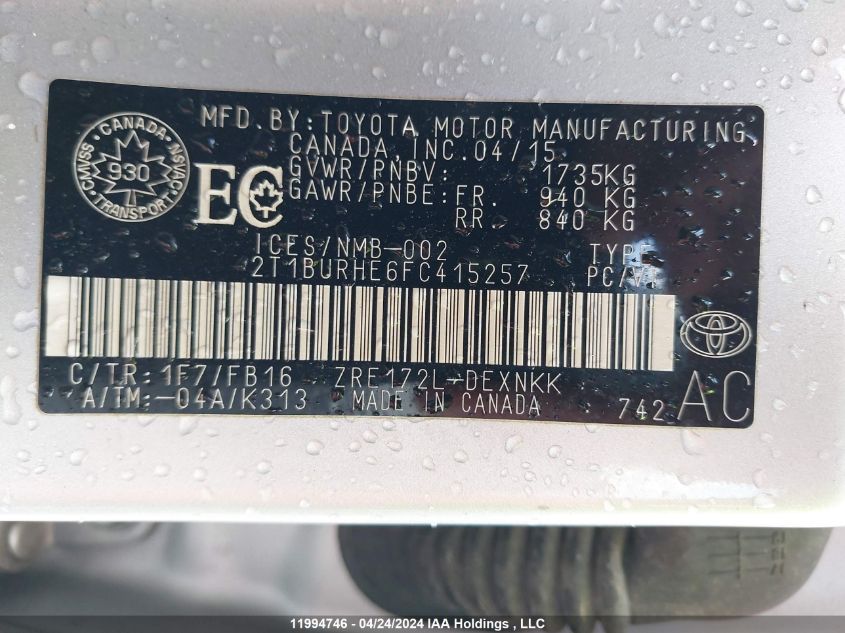 2015 Toyota Corolla VIN: 2T1BURHE6FC415257 Lot: 11994746