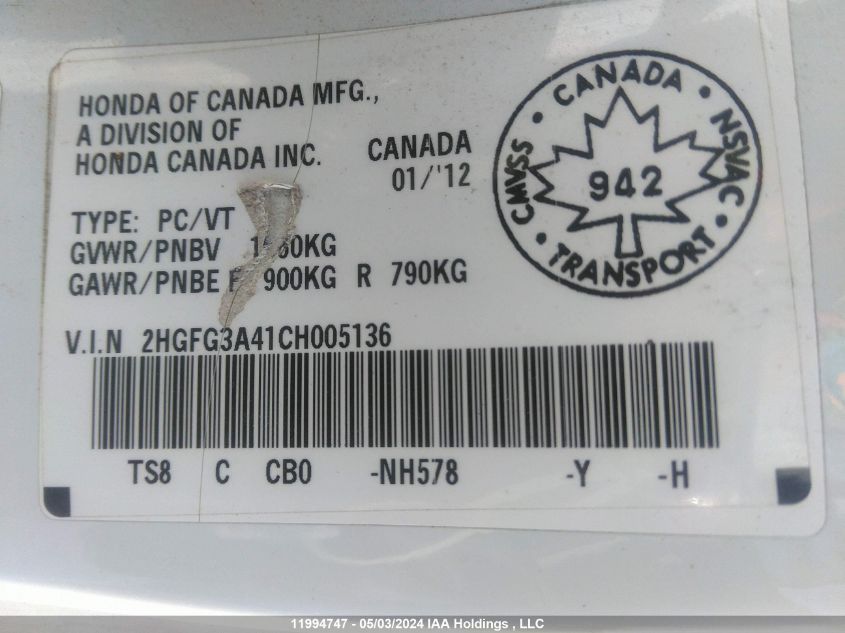 2012 Honda Civic Lx VIN: 2HGFG3A41CH005136 Lot: 11994747