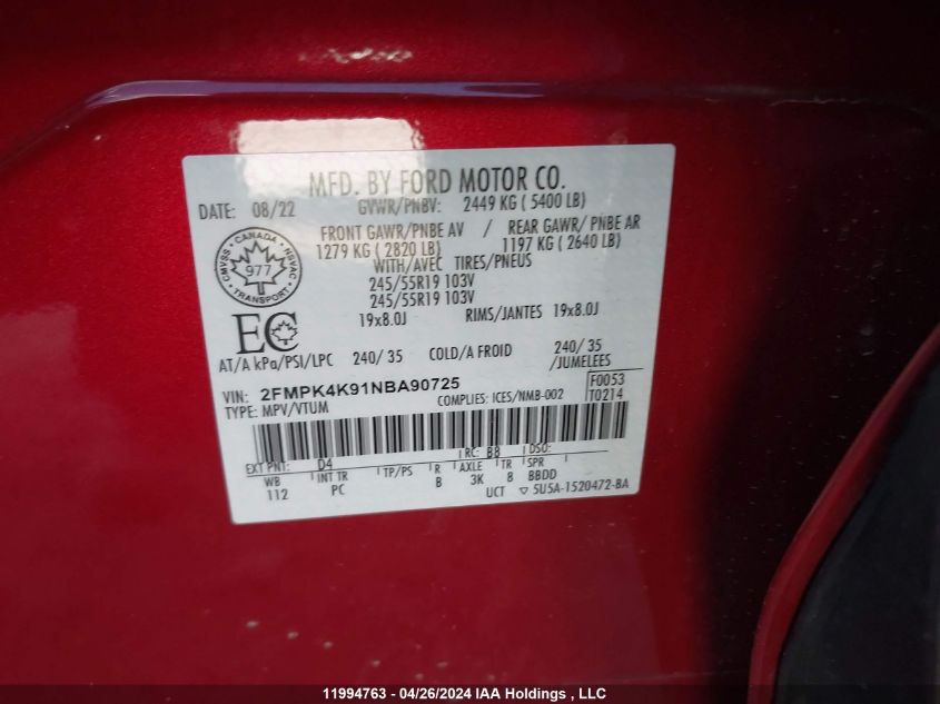 2022 Ford Edge VIN: 2FMPK4K91NBA90725 Lot: 11994763