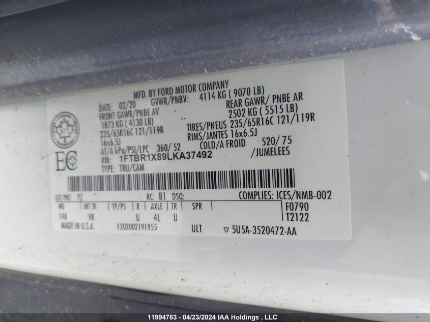 2020 Ford Transit T-250 VIN: 1FTBR1X89LKA37492 Lot: 11994783