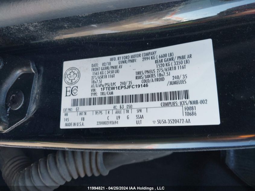 2018 Ford F-150 Xlt VIN: 1FTEW1EP5JFC19146 Lot: 11994821
