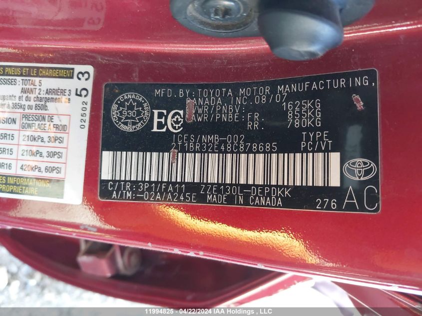 2008 Toyota Corolla Le VIN: 2T1BR32E48C878685 Lot: 11994825