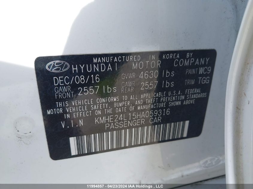 2017 Hyundai Sonata Hybrid Se VIN: KMHE24L15HA059316 Lot: 11994857