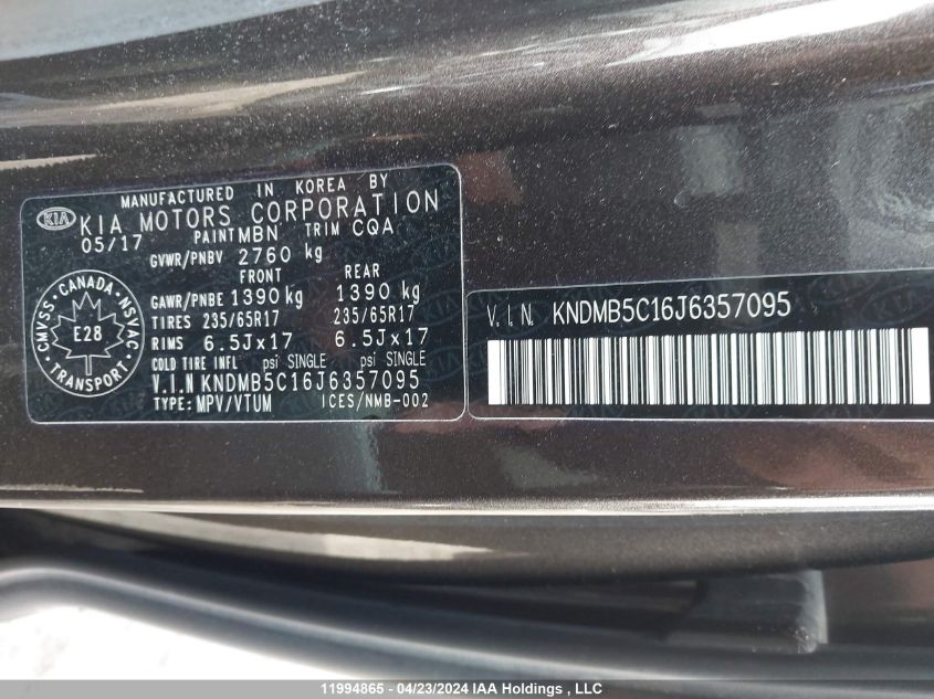 2018 Kia Sedona VIN: KNDMB5C16J6357095 Lot: 11994865