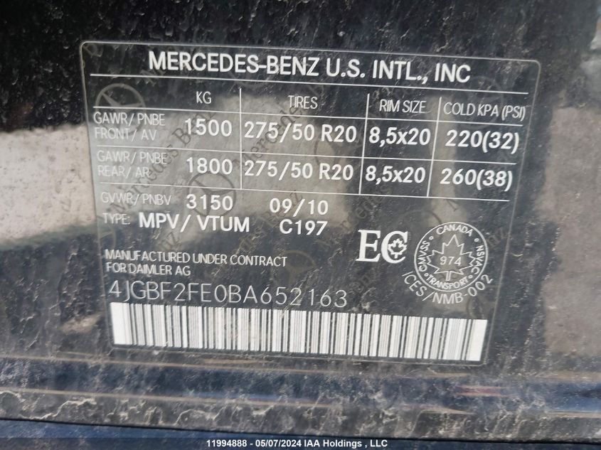 2011 Mercedes-Benz Gl-Class VIN: 4JGBF2FE0BA652163 Lot: 11994888