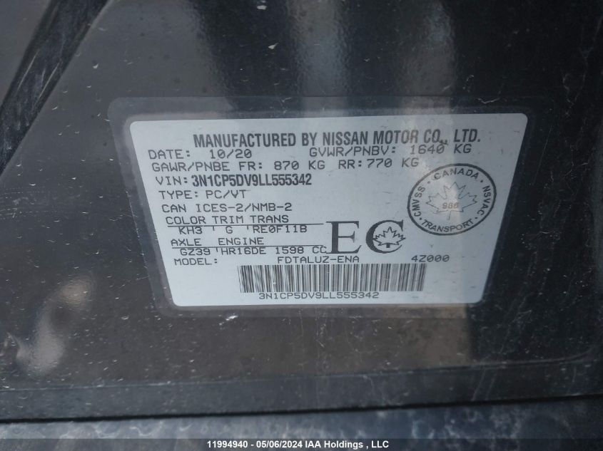 2020 Nissan Kicks VIN: 3N1CP5DV9LL555342 Lot: 11994940