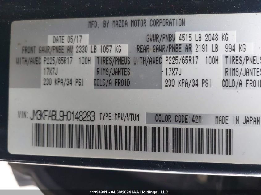 2017 Mazda Cx-5 Sport VIN: JM3KFABL9H0148283 Lot: 11994941