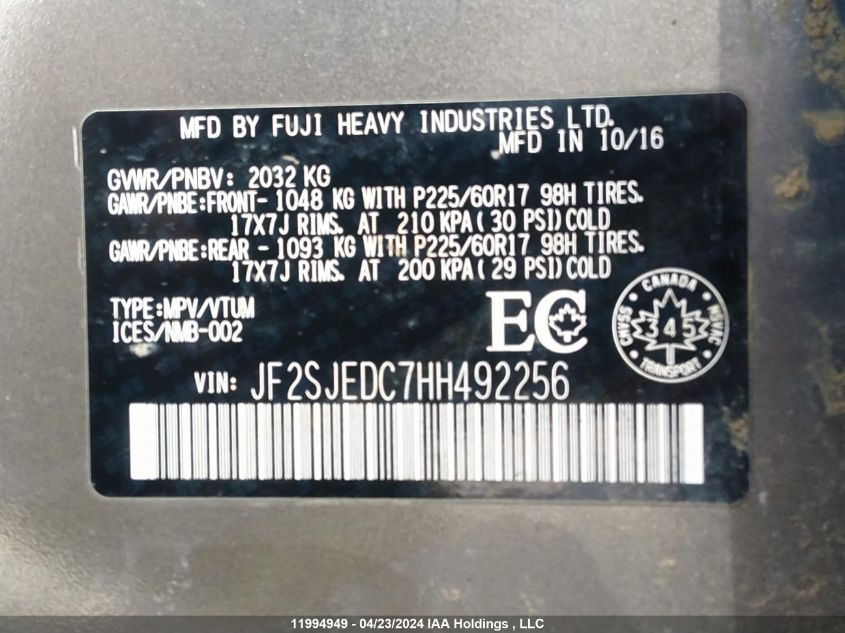 2017 Subaru Forester 2.5I Premium VIN: JF2SJEDC7HH492256 Lot: 11994949
