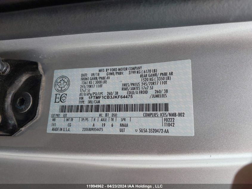 2018 Ford F150 VIN: 1FTMF1CB3JKF64475 Lot: 11994962
