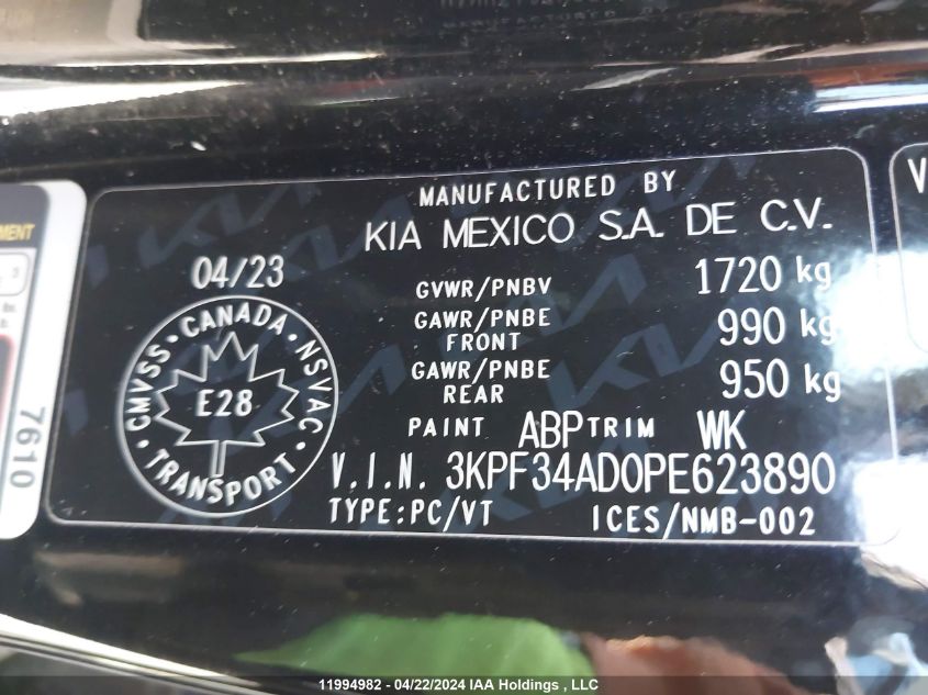 2023 Kia Forte Ex/Ex+/Ex Premium VIN: 3KPF34AD0PE623890 Lot: 11994982