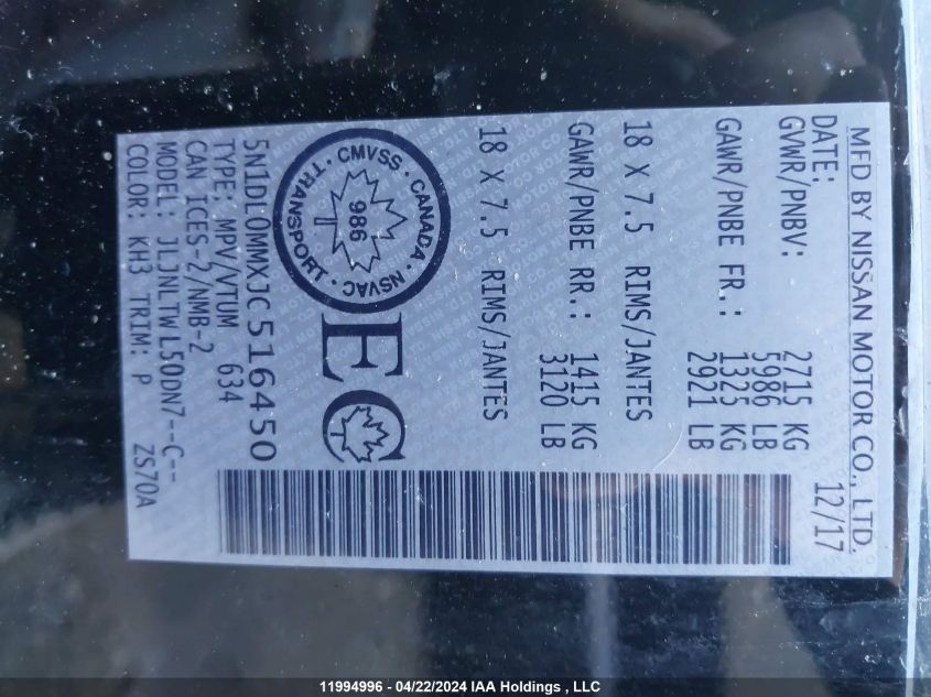 2018 Infiniti Qx60 VIN: 5N1DL0MMXJC516450 Lot: 11994996