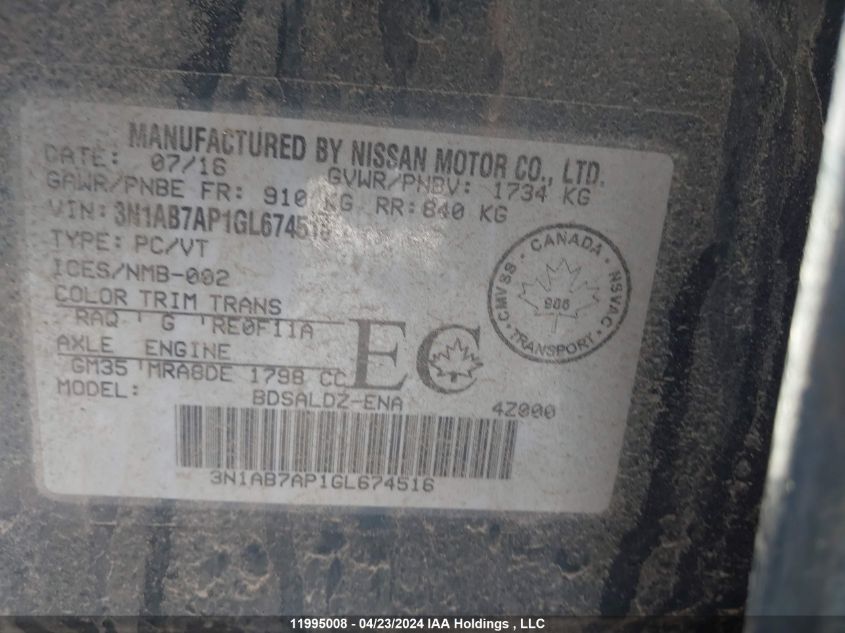 2016 Nissan Sentra S/Sv/Sr/Sl VIN: 3N1AB7AP1GL674516 Lot: 11995008