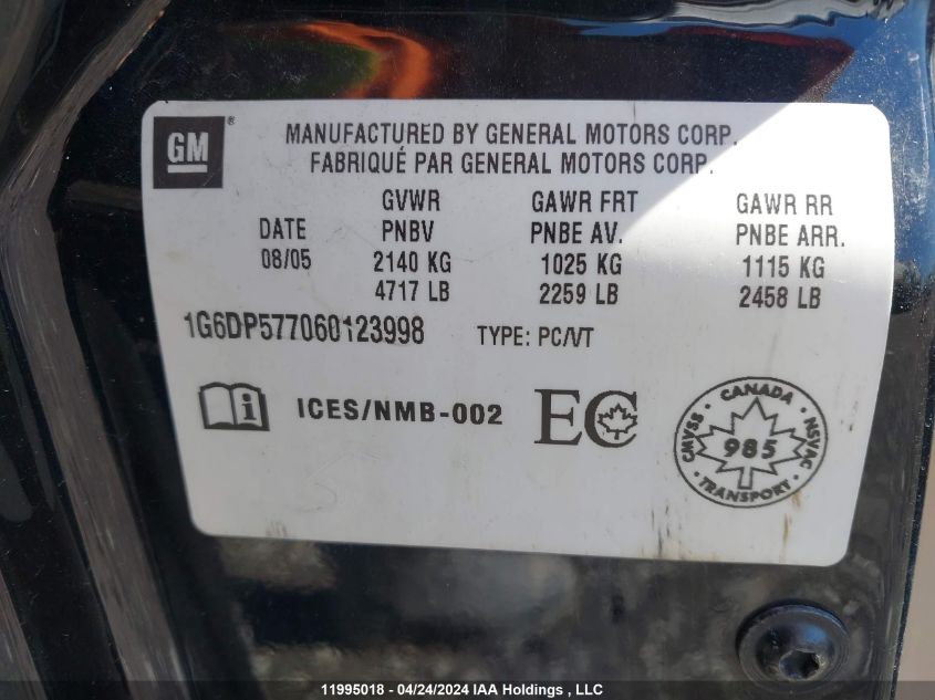 2006 Cadillac Cts Hi Feature V6 VIN: 1G6DP577060123998 Lot: 11995018