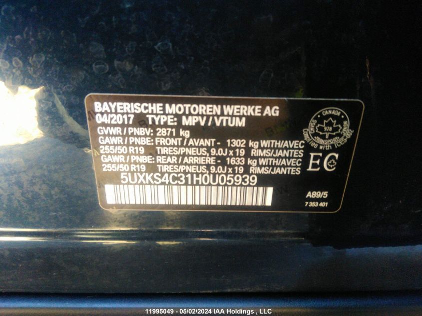 2017 BMW X5 xDrive35D VIN: 5UXKS4C31H0U05939 Lot: 11995049