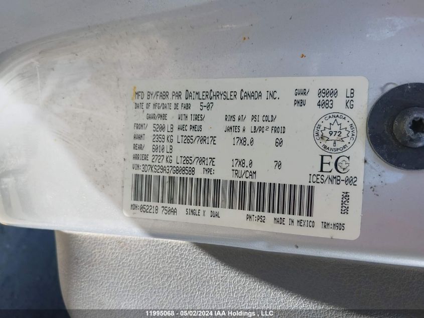 2007 Dodge Ram 2500 VIN: 3D7KS29A37G808588 Lot: 11995068