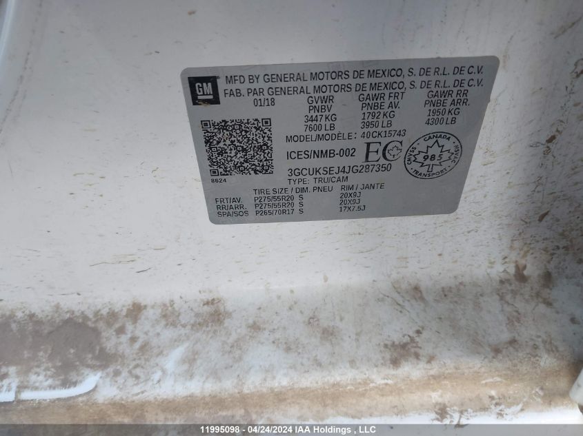 2018 Chevrolet Silverado K1500 Ltz VIN: 3GCUKSEJ4JG287350 Lot: 11995098