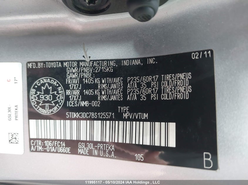 2011 Toyota Sienna Le 8 Passenger VIN: 5TDKK3DC7BS125571 Lot: 11995117