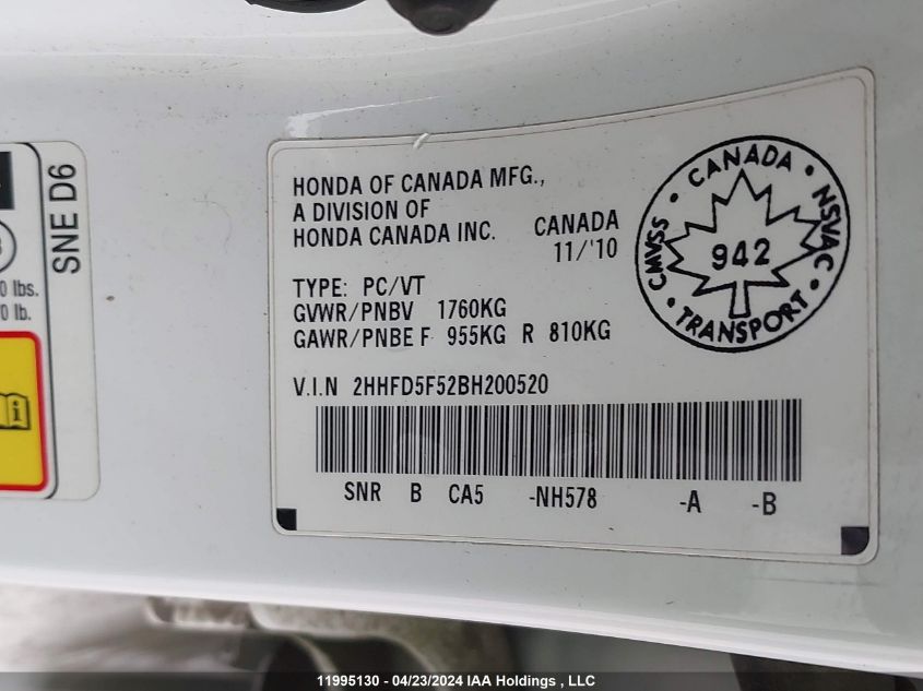 2011 Acura Csx VIN: 2HHFD5F52BH200520 Lot: 11995130