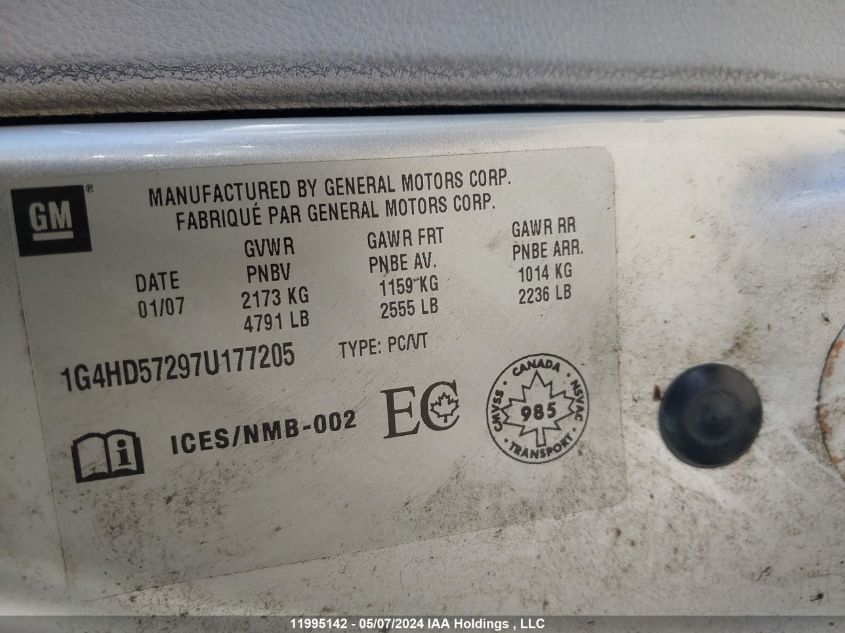 2007 Buick Lucerne Cxl VIN: 1G4HD57297U177205 Lot: 11995142