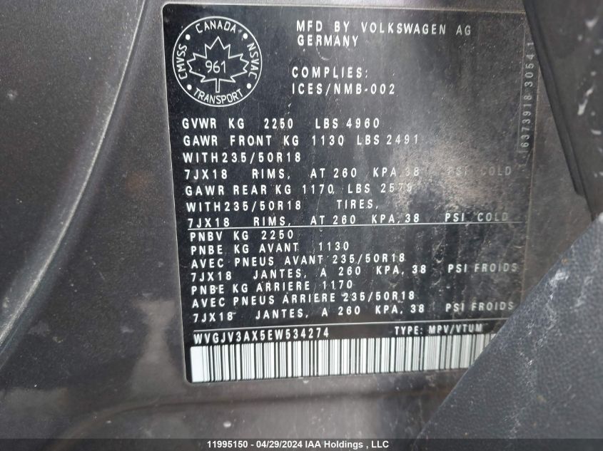 2014 Volkswagen Tiguan VIN: WVGJV3AX5EW534274 Lot: 11995150
