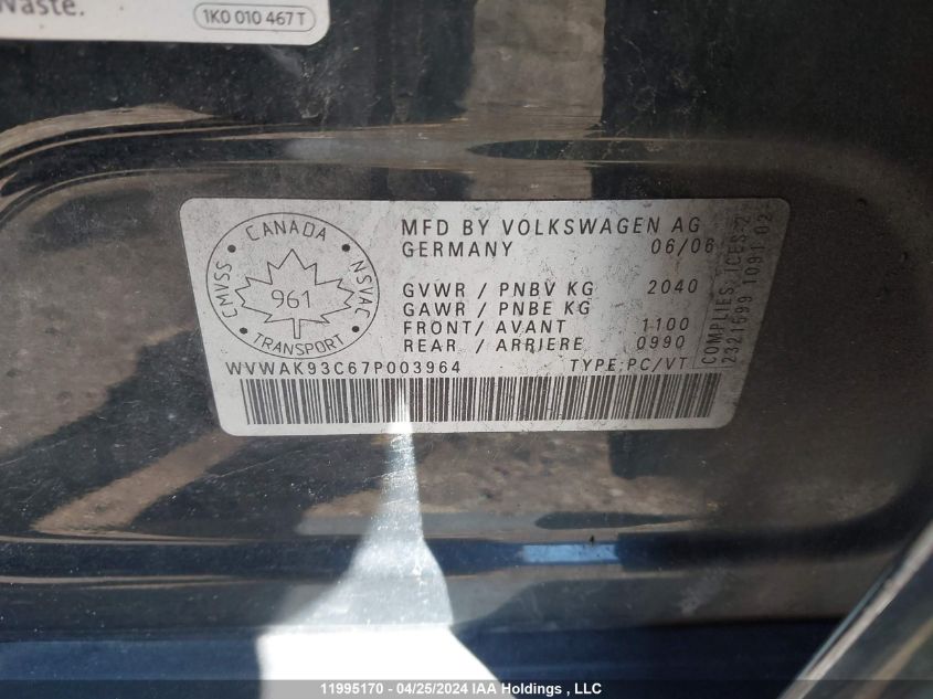 2007 Volkswagen Passat 2.0T VIN: WVWAK93C67P003964 Lot: 11995170