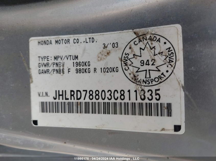 2003 Honda Cr-V VIN: JHLRD78803C811835 Lot: 11995175