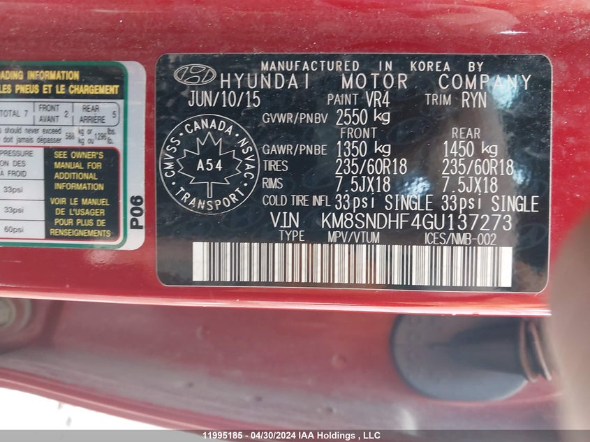 2016 Hyundai Santa Fe Xl VIN: KM8SNDHF4GU137273 Lot: 11995185