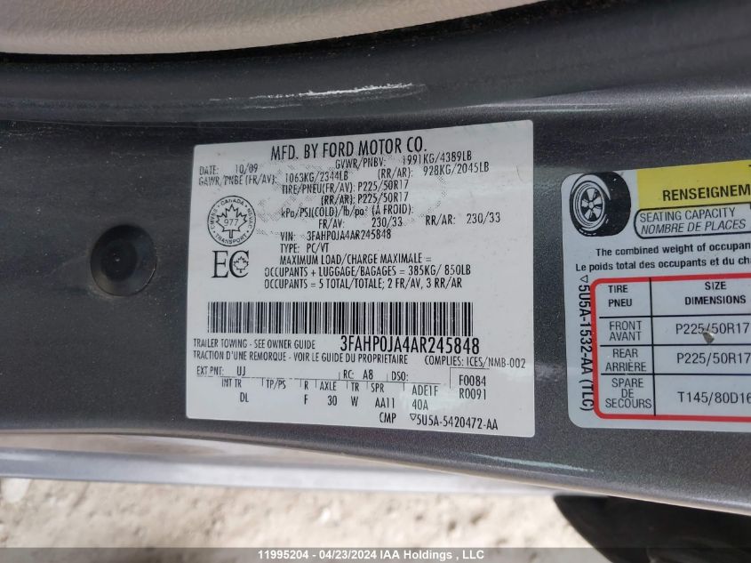 2010 Ford Fusion VIN: 3FAHP0JA4AR245848 Lot: 11995204