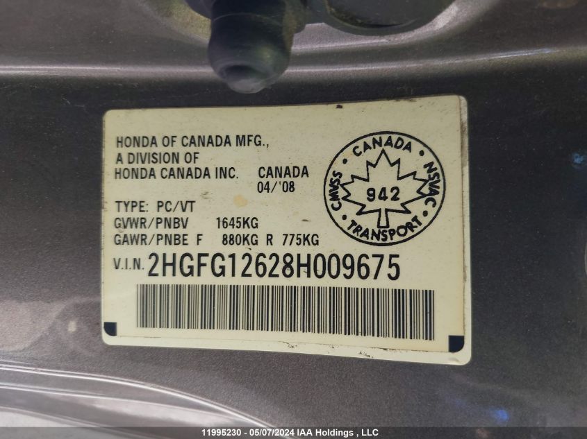 2008 Honda Civic Cpe VIN: 2HGFG12628H009675 Lot: 11995230