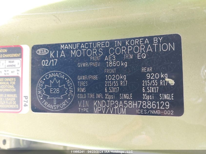 2017 Kia Soul VIN: KNDJP3A58H7886129 Lot: 11995241