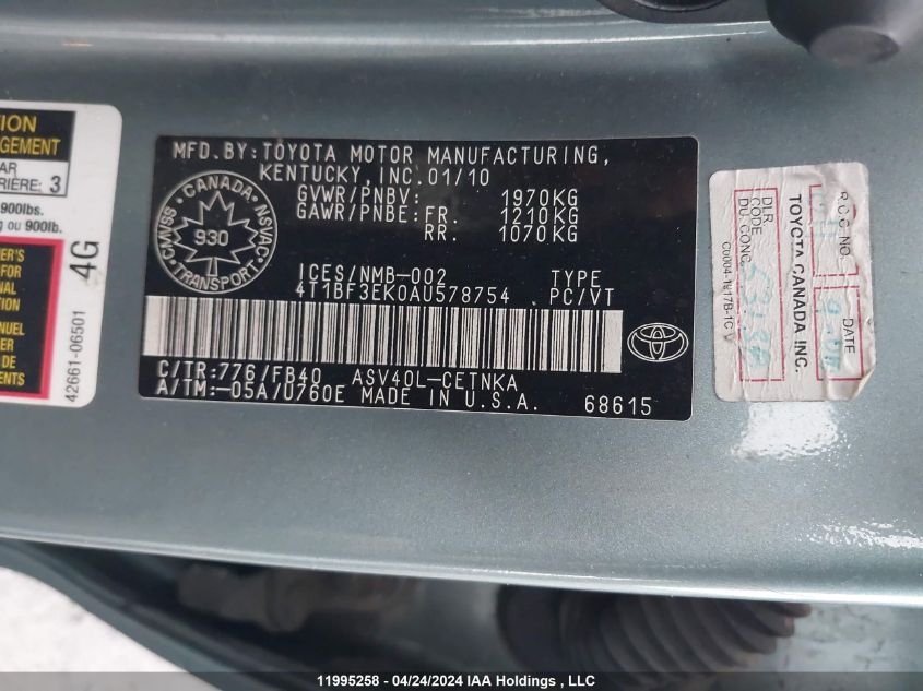 2010 Toyota Camry VIN: 4T1BF3EK0AU578754 Lot: 11995258