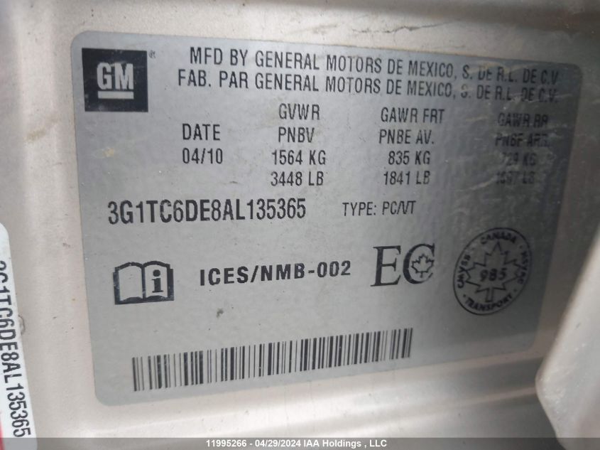 2010 Chevrolet Aveo VIN: 3G1TC6DE8AL135365 Lot: 11995266