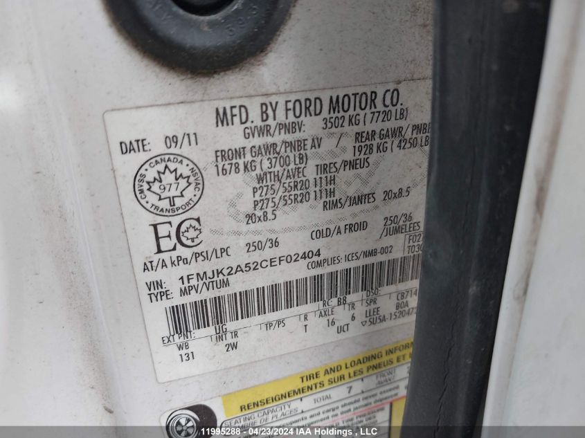 2012 Ford Expedition El Limited VIN: 1FMJK2A52CEF02404 Lot: 11995288